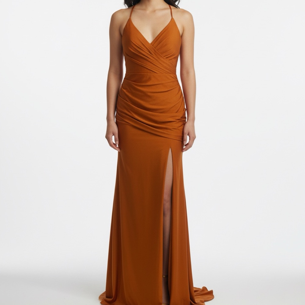 Mermaid Pleated Stretch Satin Dress in burnt orange (Xs)